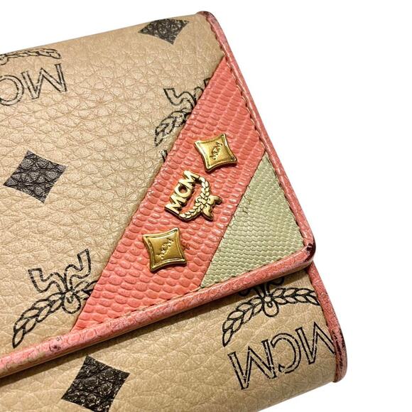 Authentic VTG MCM Monogram Visetos Lizard Continental Trifold Wallet Pink/Beige - Picture 5 of 8